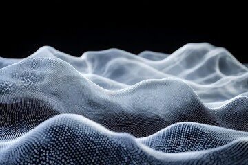 Detailed view of an ethereal particle wave with a digital data landscape in motion