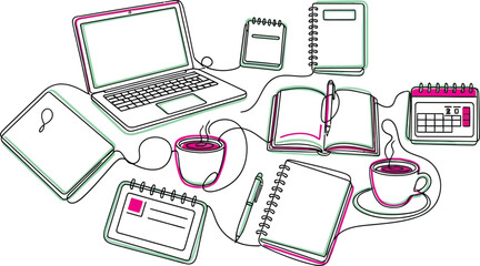 A whimsical hand drawn illustration depicting a creative workspace with a laptop notebooks coffee cups and a calendar perfect for study or work themes