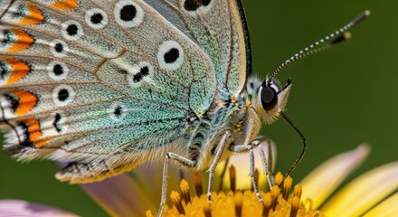 Obraz premium Close-up of a beautiful blue butterfly resting on a vibrant yellow flower.
