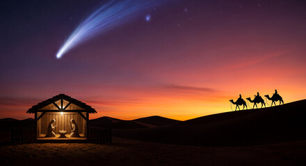 Image shows nativity scene under a bright comet, silhouetted against a colorful sky and desert dune landscape, representing Christian tradition