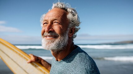 Man standing on beach holding surfboard.