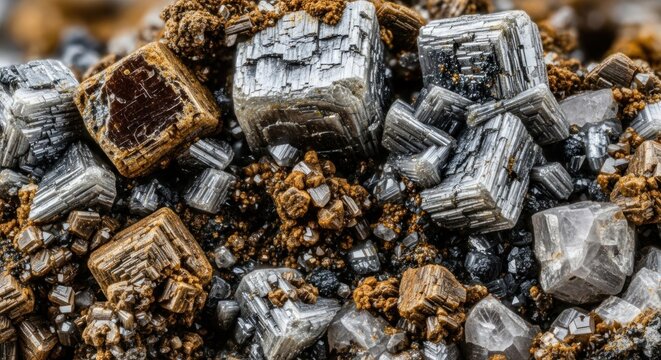 Close-up of Galena and Chalcopyrite Mineral Specimens - Metallic Luster and Cubic Crystals.