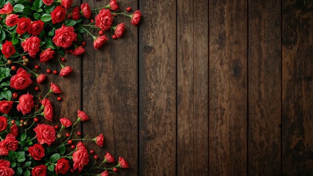 Flowers and rose bouquets on a wooden surface. Romantic and floral design. Nature and decoration. The image of flowers and greenery arranged on wood.