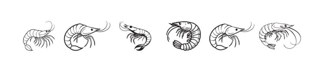 Shrimp icon set, shrimp silhouette sea animal symbol, seafood icons featuring shrimp, vector illustration EPS 10.