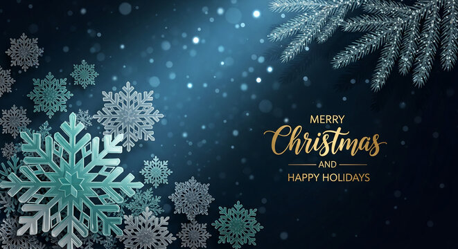 Scenic holiday image with snowflakes and pine branch on blue backdrop, representing Christmas celebration, happy holidays, festive spirit and winter season