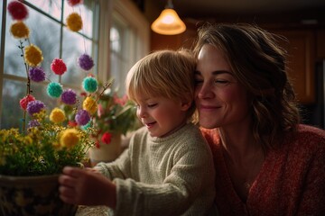 Mother and child enjoy a cozy afternoon of gardening at home while creating colorful decorations for spring