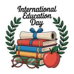 International education day graphic with books, diploma, apple, glasses, laurel wreath, symbolizing knowledge, isolated on