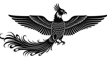 Majestic black silhouette of a mythical Phoenix bird with spread wings and ornate flowing tail feathers, heraldic emblem, vector art, logo design, isolated on white background
