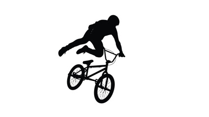 Fototapeta premium Black silhouette of a BMX rider performing an aerial stunt or trick mid-air with bicycle, dynamic action sport graphic, flat vector art design, isolated on white background
