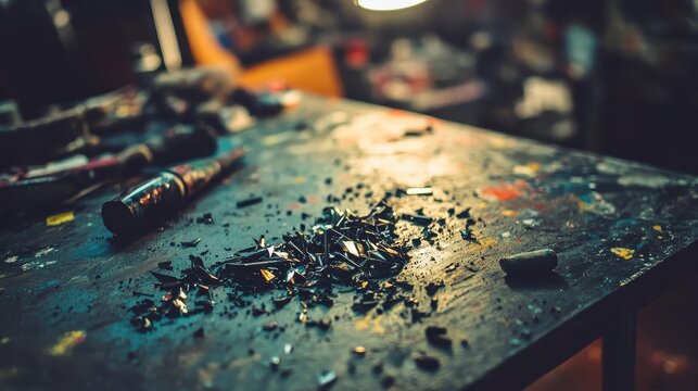Sharp metallic shards embedded in soft clay on a work surface