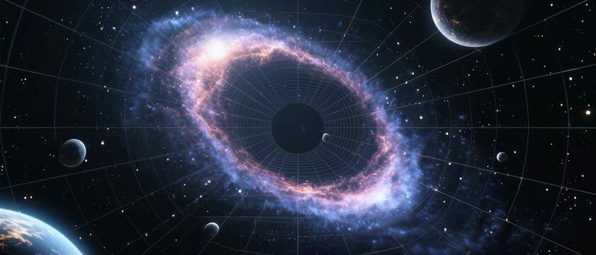 Conceptual depiction of a magnificent celestial phenomenon, showcasing a swirling cosmic ring of stardust and gas around a mysterious dark void in the boundless universe, with distant planets orbiting