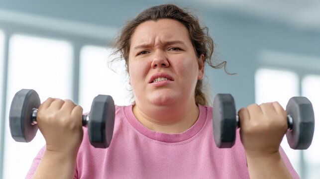 Woman lifting weights in gym.
