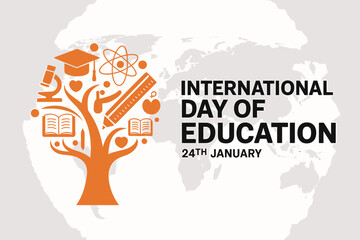 International day of education on january 24th, featuring a knowledge tree with academic and science icons, isolated on