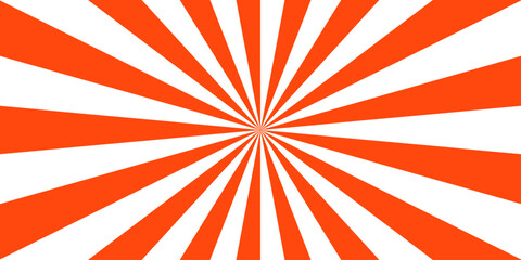 Abstract vivid, radial spiral burst pattern with red and white curved rays. Orange swirling pattern background with Vortex starburst spiral twirl strips. Burst sunrise sunbeam element spiral striped.