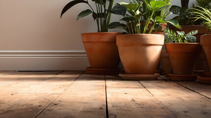 Fototapeta premium Several terracotta pots holding lush green foliage sit upon rustic wooden floorboards bathed in sunlight.