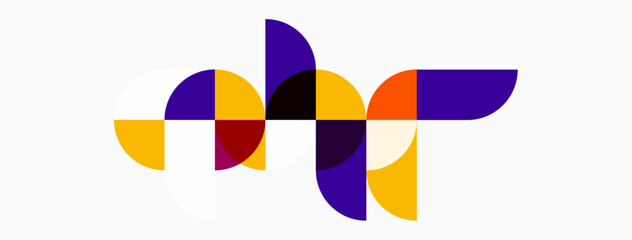 Abstract geometric shapes, vibrant colors, modern design. Composition features overlapping segments, creating dynamic visual effect.