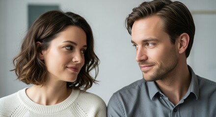 Young adult couple sharing an intimate glance, connection, trust