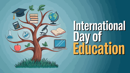 International day of education a conceptual image of a knowledge tree with educational symbols, highlighting global learning and academic progress