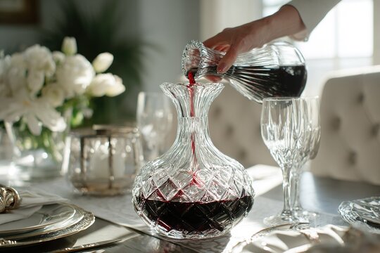 Elegant wine pouring into a crystal decanter during an intimate dining setting in a stylish home