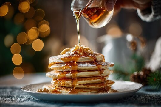 Delicious stack of fluffy pancakes with syrup poured over them for a cozy breakfast setting