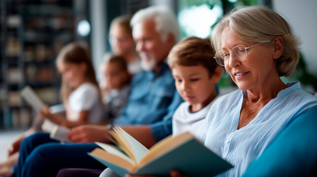Happy reading scene with grandparents and youngsters on furniture faceless seniors children defocused home background bonding learning together knowledge books literature story