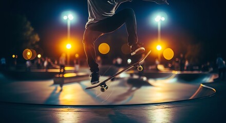 Skateboarder Performing Tricks at Night for Action Sports Promotion