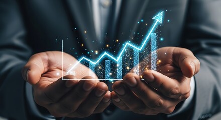 A businessman holds a glowing digital graph showing upward growth and financial success in his hands