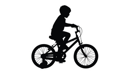 Obraz premium Silhouette of a young boy riding a bicycle with focused expression, dynamic side view, clean vector art, graphic design element, isolated on white background