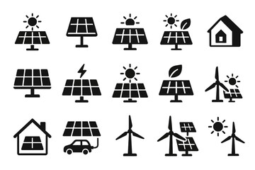 Renewable energy icons: solar panels, wind turbines, and eco-friendly symbols