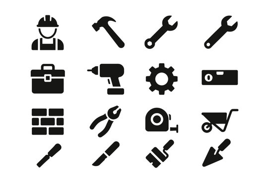 Construction tools icons set: hammer, wrench, gear, drill, brick