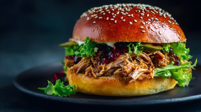 Gourmet pulled meat sandwich stacked high with fresh greens and savory sauce rests on a dark platter - Powered by Adobe