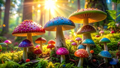 光差す森に咲くカラフルなきのこ｜ファンタジー・自然・教育・背景に使える高解像度イメージ
