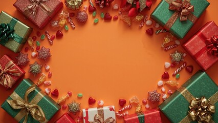 Festive gifts and candies arranged in a circle on an orange background. Christmas celebration and holiday season. Wrapping presents and holiday treats. The theme of Christmas and gift-giving.