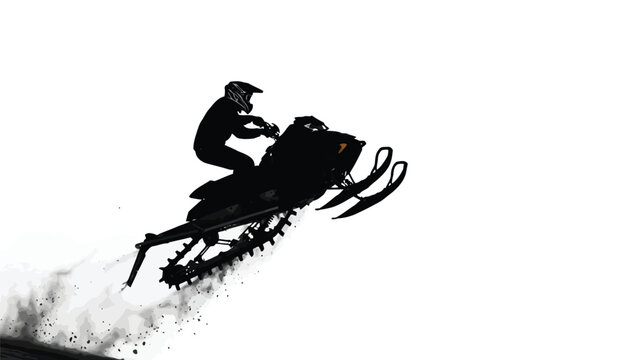 Black silhouette of extreme snowmobile rider wearing full helmet performing high jump with snow spray, dynamic action vector art, sticker design, isolated on white background