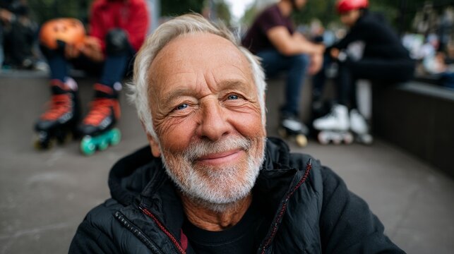 Old man smiling at camera in skate park.