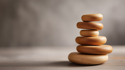 Stack of natural wooden discs on neutral backdrop defocused minimalist background perfect design element child development imagery educational material visualization learning