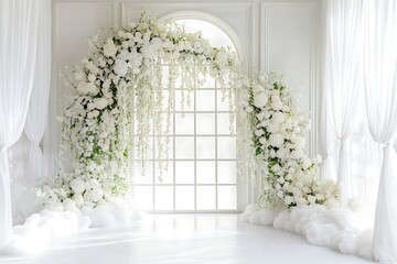 Elegant white flower arch and sheer drapes create a bright, airy wedding atmosphere