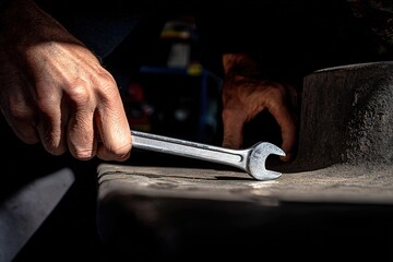 Man using a wrench to tighten a bolt in a dimly lit workshop during afternoon hours