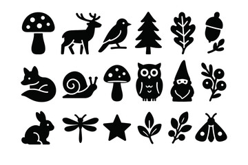 Obraz premium Silhouette forest creatures and nature elements collection