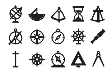 Collection of nautical navigation tools icons - compass, sextant, telescope, globe, hourglass