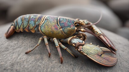 Close-up of iridescent mosaic lobster on stone surface, elegant marine crustacean with golden blue shell texture, detailed nature macro photography concept