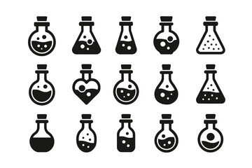 Set of various laboratory flask icons with bubbles and symbols