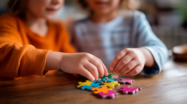 Young youngsters hands playing with colorful jigsaw puzzle faceless children defocused wooden table background educational game enhancing motor skills cognitive development ear