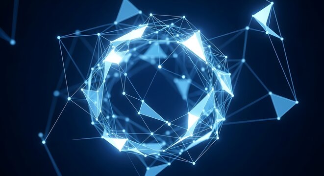 Abstract glowing blue geometric network sphere on dark background - Powered by Adobe