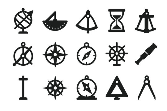 Collection of nautical navigation tools icons - compass, sextant, telescope, globe, hourglass
