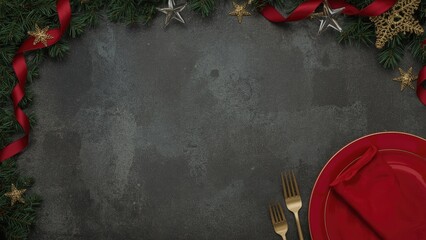 Festive Christmas border with greenery, red ribbons, and stars framing a dark background; red plate with a napkin and cutlery.