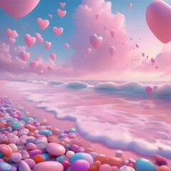 Romantic heart balloons fly in the blue summer sky above the beach, symbolizing love and celebration on Valentine's Day