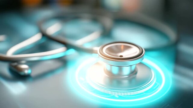 Modern stethoscope on futuristic interface defocused digital readouts, faceless health diagnostic, illuminated visualization detail, blurred circuit background, medical concept, te