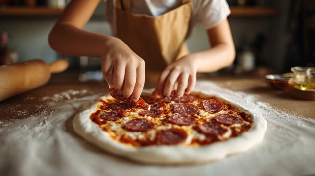 Woman making pizza dough in kitchen.
