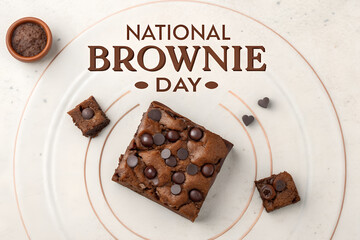 National Brownie Day graphic with central chocolate brownie, surrounding pieces, cocoa bowl, and decorative radiating background for dessert celebration generative ai